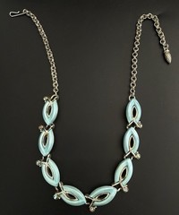 Aqua Blue Thermoset Lucite Choker Necklace Rhinestone Silver Tone Vintage 1950s