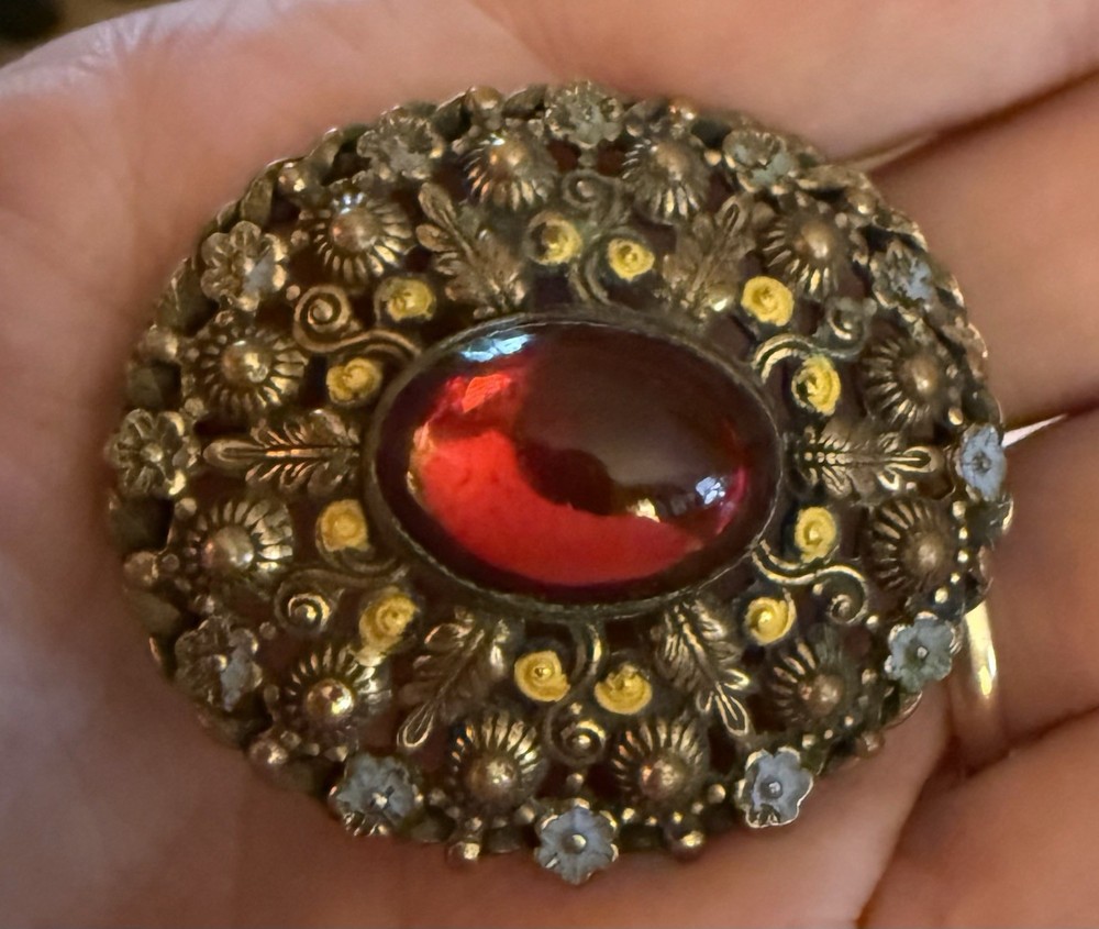 Victorian Brooch Brass Filigree Blue Yellow Flower Red Stone C Clasp Boho Czech?