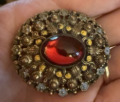 Victorian Brooch Brass Filigree Blue Yellow Flower Red Stone C Clasp Boho Czech?
