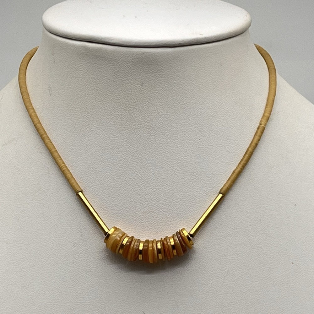Vintage Signed Vogue Necklace Tan Heishi Beads Gold Tone Surfer Beach 14″