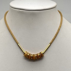 Vintage Signed Vogue Necklace Tan Heishi Beads Gold Tone Surfer Beach 14″