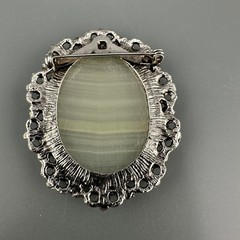 Vintage Gemstone Brooch Polished Beige Banded Agate Silver Tone Oval Frame Heavy