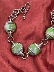 Vintage Green Satin Glass Bead Bracelet Sterling Clasp
