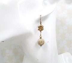 Gold Flower Dangle Earrings: Vintage Style Acrylic Pearl Bead Handmade Jewelry