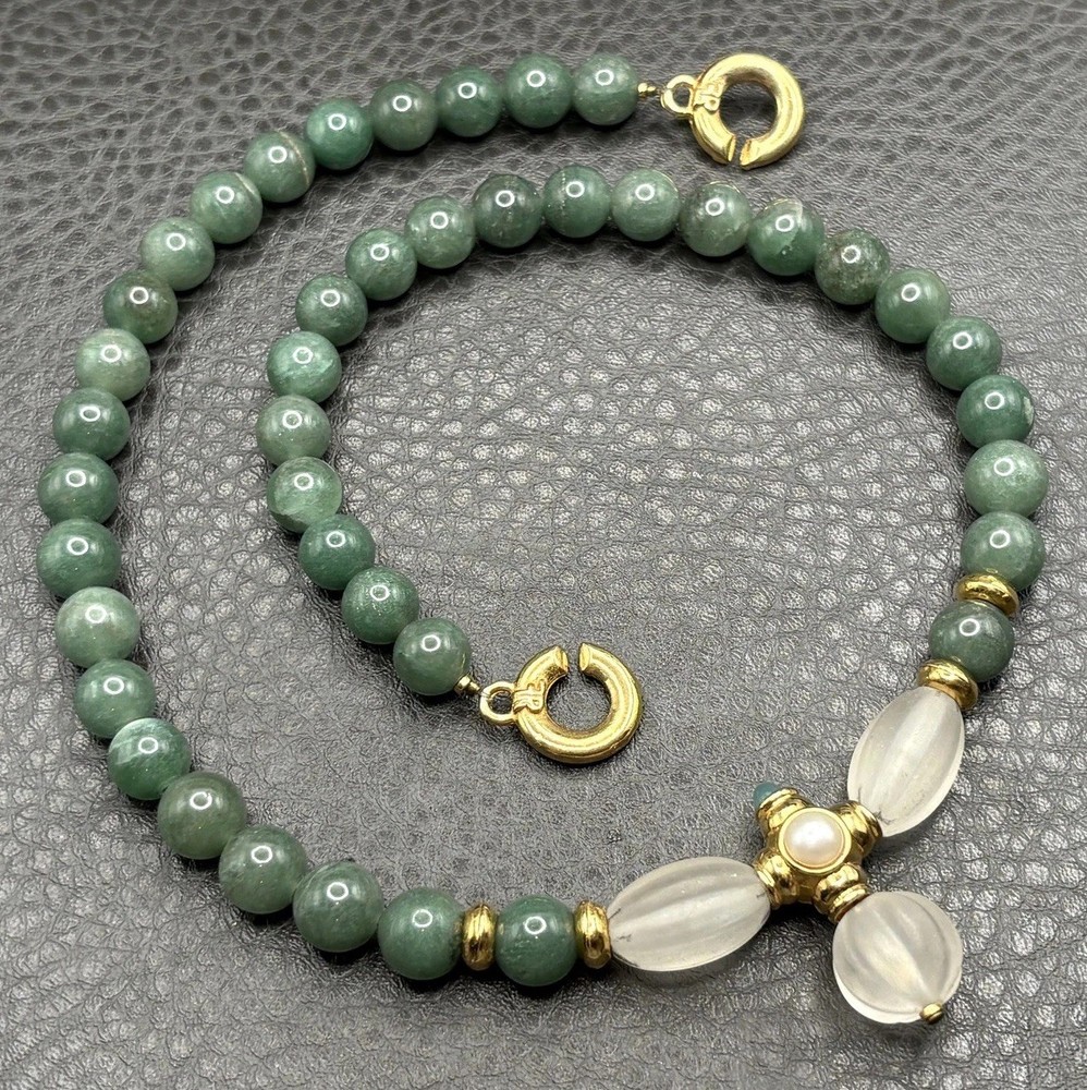 Francesca Romano Etruscan Style Green Stone & Molded Glass Beaded Necklace 19”
