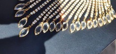 VTG Navette Bibb Necklace Gold Tone Statement AB Glass Graduated Reversible 1950