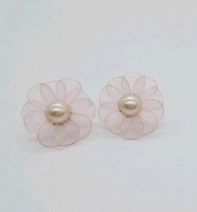 Pink Flower Earrings Pierced Faux Pearl Acrylic Silver tone Couture 1.25 in