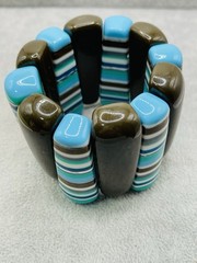 Vintage Chunky Striped Resin Stretch Bracelet Blue Aqua Brown Lucite Acrylic