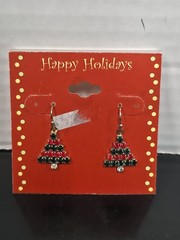 Vintage JC Penny Holiday Motif Christmas Tree Rhinestone Earrings Red And Green
