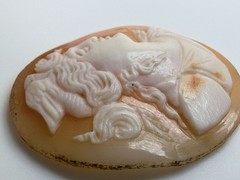 Vintage Loose Hand Carved Shell Cameo Woman with Bird on Head 1 1/8 Inch x 7/8In