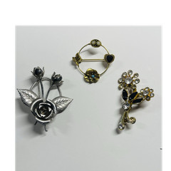 Vintage Floral Brooch Lot of 3 READ Mixed Metals Gold Silver Glass Stone Pins