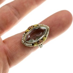 14k Solid White Gold Yellow & Rose Accented Aquamarine Pearl Filigree Ring Sz 5