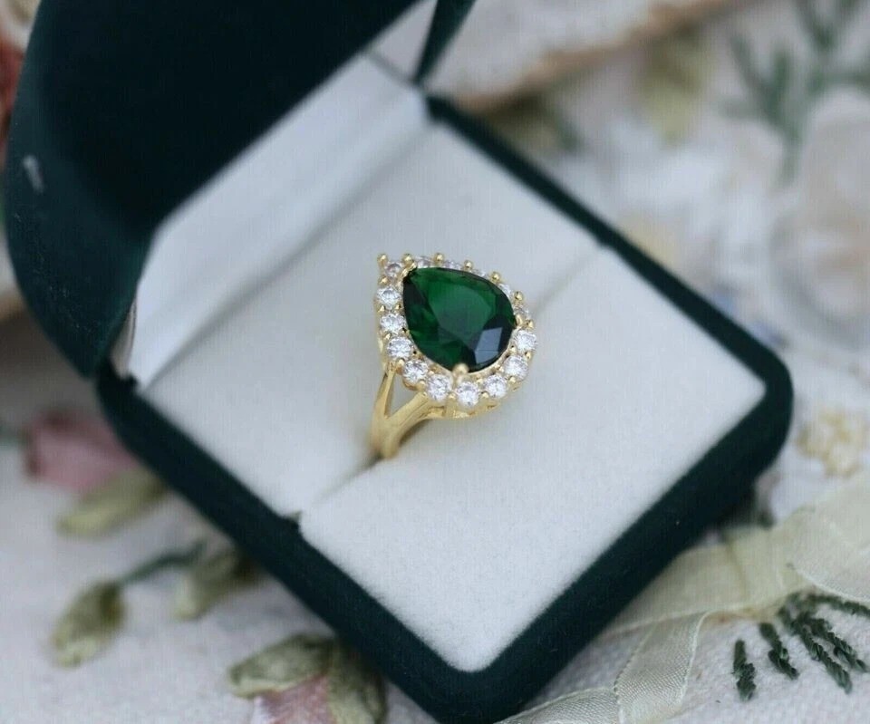 Pear Cut Emerald & Lab Created Diamond Halo Wedding 14Ct Yellow Gold Finish Ring