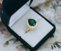 Pear Cut Emerald & Lab Created Diamond Halo Wedding 14Ct Yellow Gold Finish Ring
