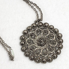 Vintage Silver Tone Filigree Pendant Necklace 26 in Curb Chain Retro Boho