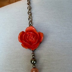 Orange Resin Rose Asymmetrical Statement Necklace Multi-Tonal Beads Gold Tone