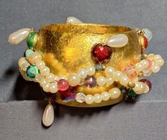 OOAK Vnt. 1980s-1990s “Ross Madole” Cuff Bracelet/Gold Leaf w Faux Pearls & Gems