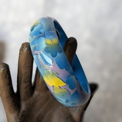 Blue Bangle Bracelet w Yellow Lavender and Silver Vintage Plastic Jewelry