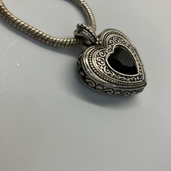 Vintage Silver Heart Pendant Necklace With Black Bead/stone, 22”