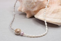 Pastel Pearl Choker Floating Carved Pearl Sterling Silver Handmade Necklace