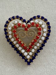 Vintage Patriotic USA Triple Heart Brooch Red White Blue Rhinestones Pin