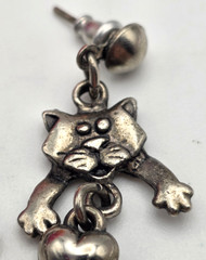 Vintage Kitty Cat Heart Dangle Earrings Silver Tone Figural Novelty 1 In