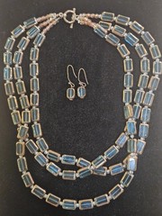 Vintage Multi Strand Czech Glass Tile Bead Necklace Earring Set Rectangle Teal