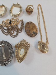 Vintage Estate Jewelry Lot Brooches Ring Locket Pendant Cameo Victorian Style