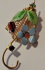 Goldtone Metal Enamel Rhinestone Lady Bug Flower Parasol Umbrella Pin Brooch