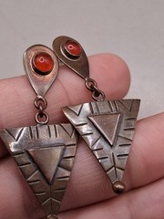 Vtg Mexico Copper Red Crystal Abstract Dangle Earrings Sterling Post