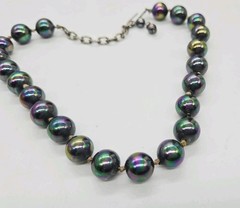Peacock Black Pearl Hand Strung Beaded Choker Necklace Hand tied knot Vtg 16 in