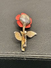 Vintage MCM 3D Matte Red Enamel Rose Brooch Pin Gold Tone Textured Stem Flower