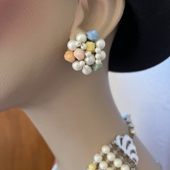 Hong Kong 5 Strand Necklace & Earrings Pastel Yellow Green Peach Blue Pink White