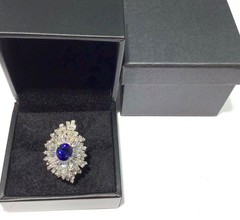 18K White Gold 5.90ctw Oval Blue Sapphire & Tapered Baguette Diamond Ring