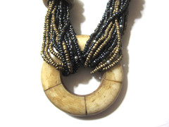 Vintage 80’s Multi Strand Matte and Brown Gold Tone Wood Horn Necklace 12 in