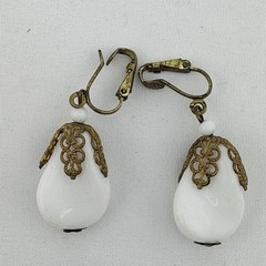 Retro White Milk Glass Tear Drop Earrings Dangle Cip-On Earrings W. Germany 2″L.