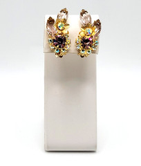 Glamorous AB Crystal Flower Floral Pale Rhinestone Climber Vtg Clip On Earrings