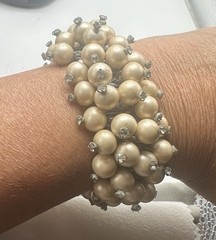 Vintage Pearl Cluster Stretch Bracelet Rhinestone Cocktail Statement