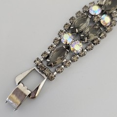 Vintage Bracelet Brooch Earring Set Smoky Gray AB Rhinestone Silver Tone
