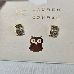 LC Lauren Conrad Owl Stud Earrings Gold Tone White Rhinestone Nickel Free