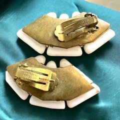 Western Germany Clip On Earrings Vintage White Gold Tone Runway Signed HUGE