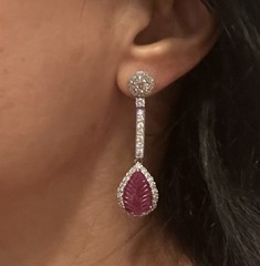 Large 14K Solid Gold Authentic Natural Ruby Diamond Leaf Earrings AGI Certified!