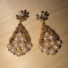 Vintage Faux Pearl Chandelier Dangle Earrings Gold Tone with Floral Post