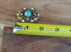 Vintage Turquoise Glass Faux Pearl Filigree Gold Tone Brooch Pin Ornate