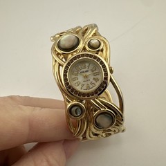 Vintage Ladies Kessaris Abalone and Gold Tone Cuff Bracelet Wristwatch