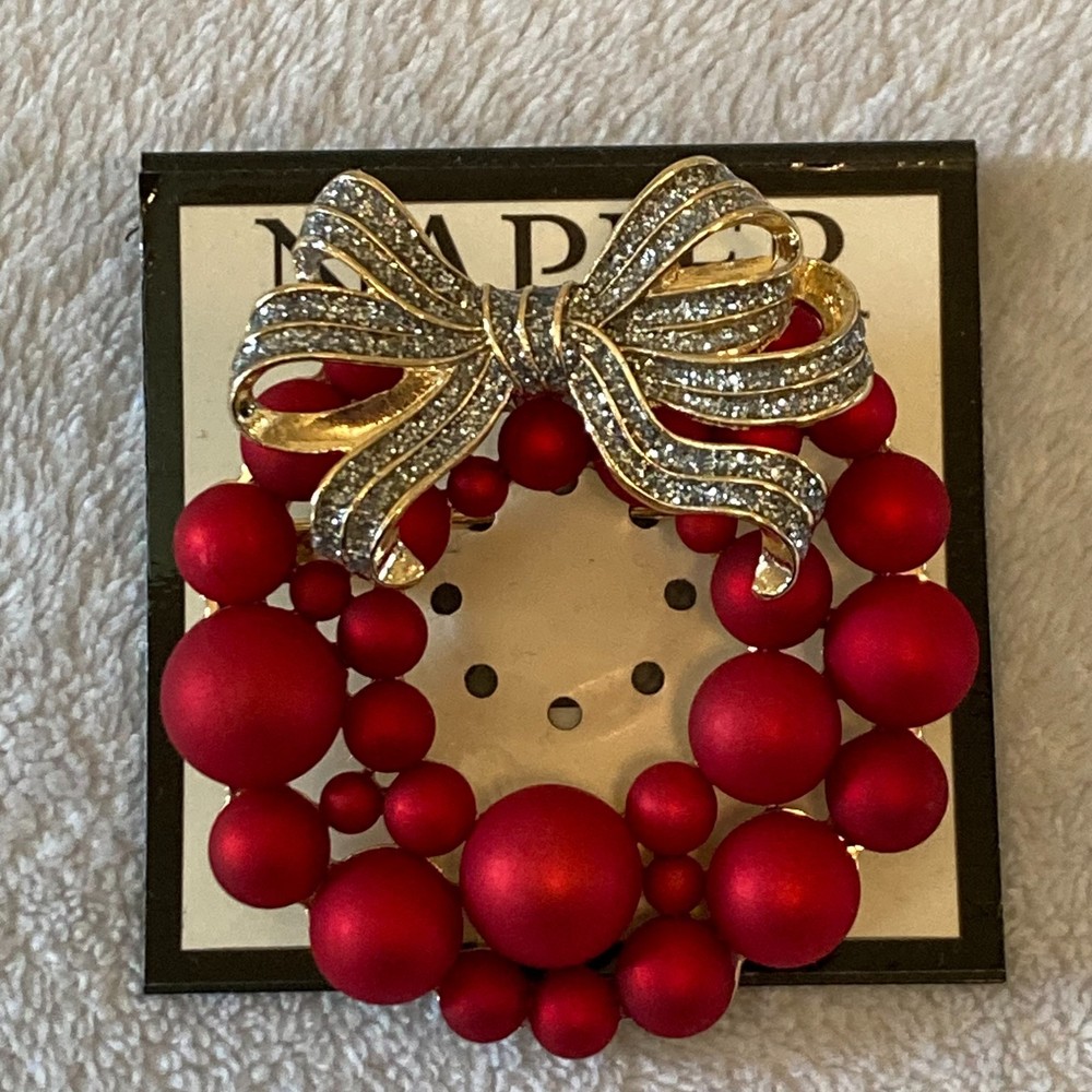 Napier Brooch Women’s Red Christmas Wreath Balls Pin Bow Cubic Zirconia