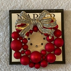 Napier Brooch Women’s Red Christmas Wreath Balls Pin Bow Cubic Zirconia