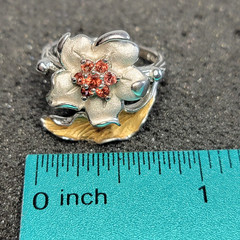 Vintage Camelia Garnet Flower Ring, Sterling Silver 925, .75″W, 5.15g, Size 7.75