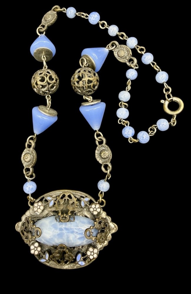 Czech Art Nouveau Deco Periwinkle Cornflower Blue Opine Glass Floral Necklace