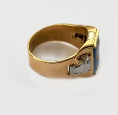 Antique 1940’s Deco Style Yellow Gold Platinum Diamonds Blue Stone Men’s Ring
